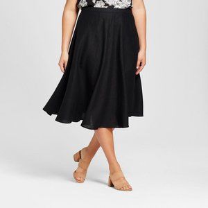 Black Linen Lined Midi Swing Full Skirt Size 12/14